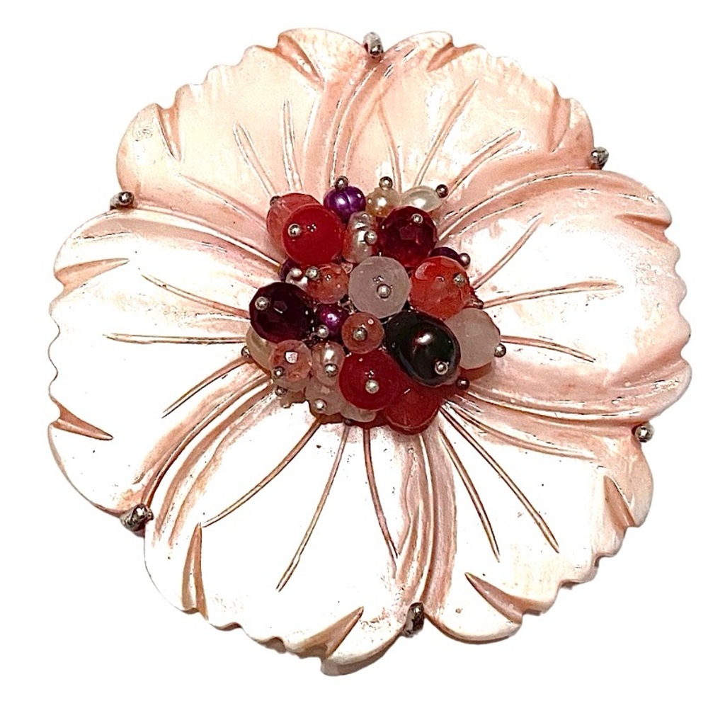 Genuine Stone Shell Floral Brooch Pink